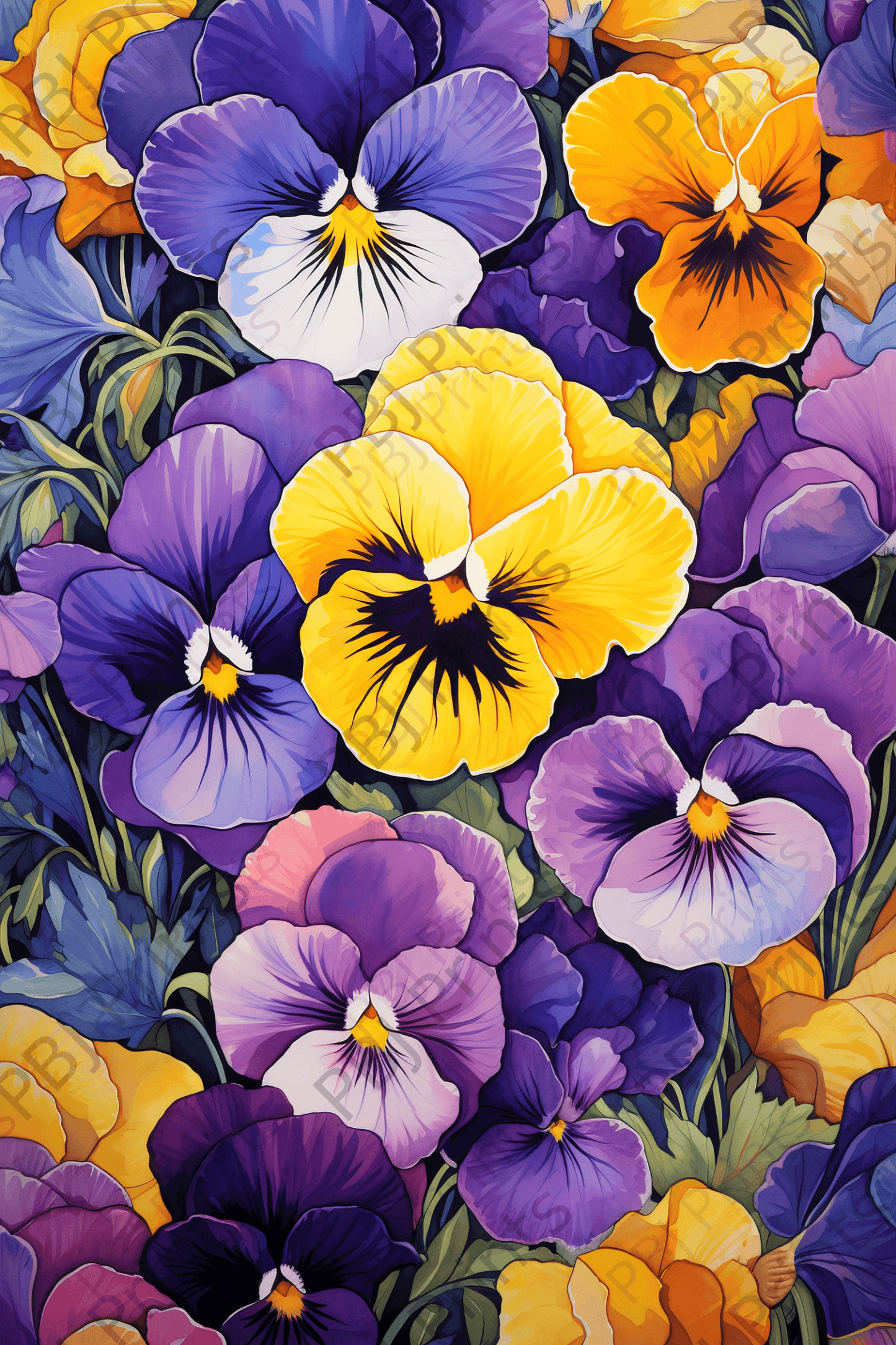Parade of Pansies - by INKWELL DESIGNERS® - Art Print, Decoupage Rice Paper, Decoupage Tissue Paper, Flat Canvas Prints, Floral, Flowers, Giclee Print, Photo Prints, Poster Print, Spring