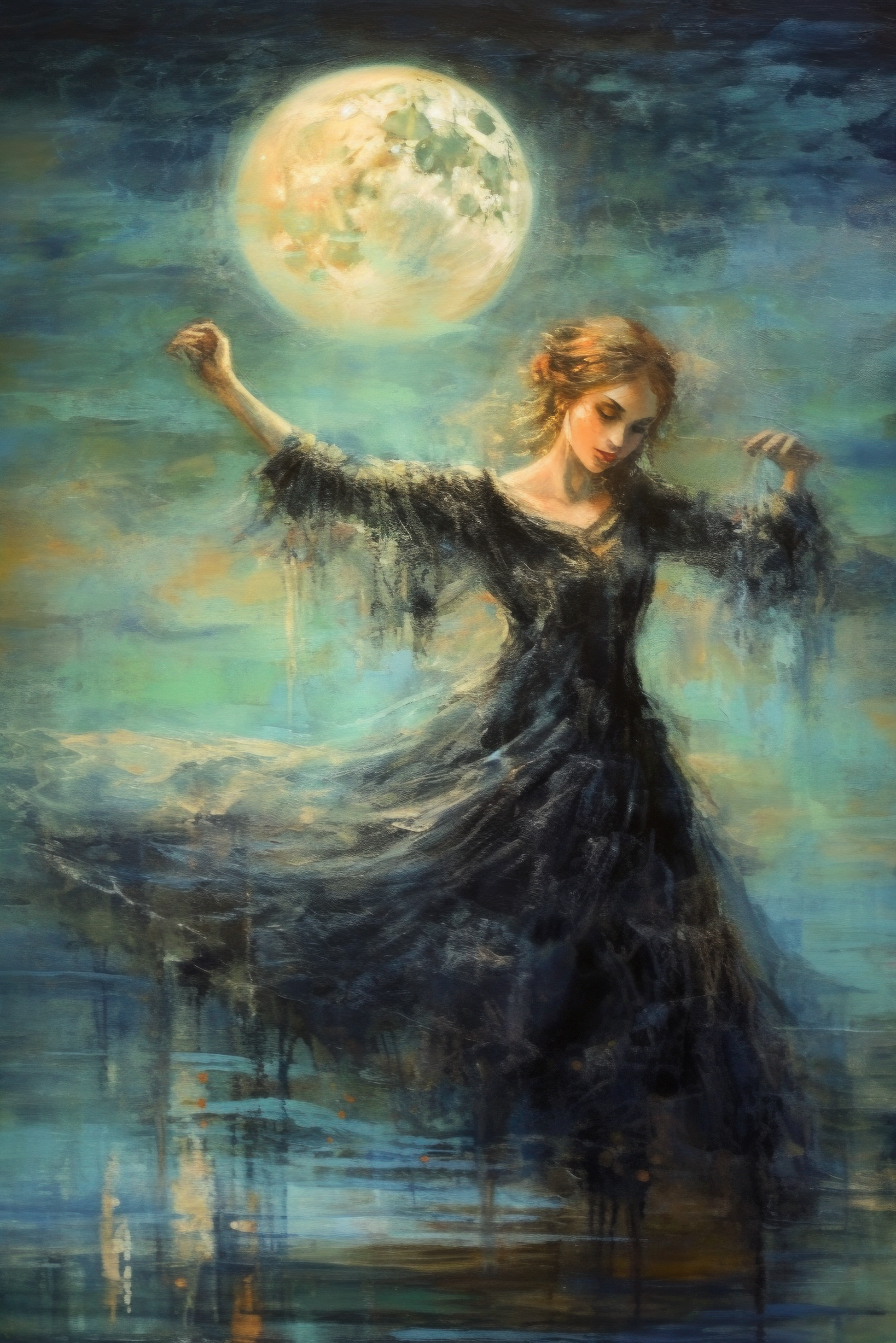 Moonbeam Rhapsody - Artist by Whimsykel Designs - moon, New Arrivals, night, Woman