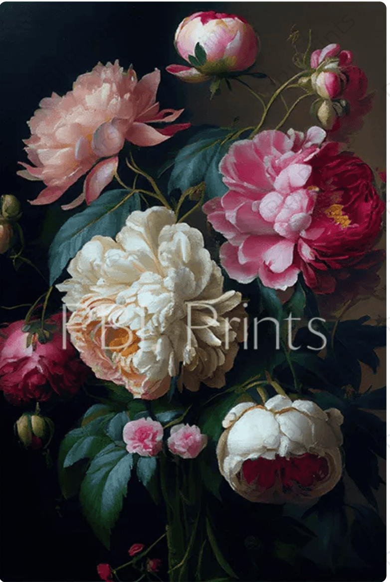 Baroque Peonies &amp; Roses - Artist by Whimsykel Designs - Art Prints, Decoupage Rice Paper, Flat Canvas Prints, Giclee Prints, Greeting Cards, Photo Prints, Poster Prints, Scrapbook Paper