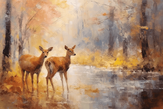 Woodland Reflections - Artist by Whimsykel Designs - Christmas, Deer, Fall, Holiday, river, Tree, Winter