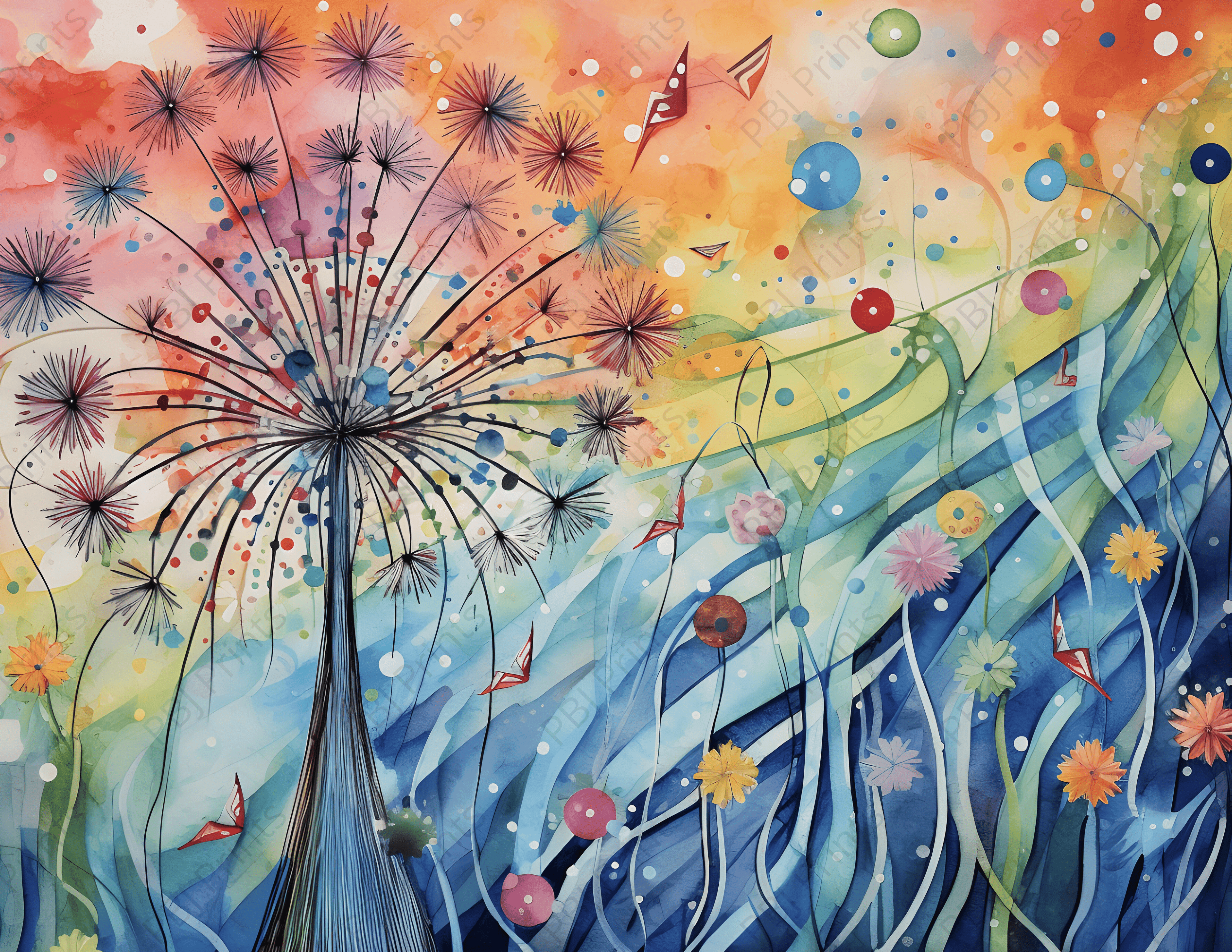 Dandelion Celebration the 4th - Artist by 2chattychicks teaching eclectic creations - Art Prints, Decoupage Rice Paper, Flat Canvas Prints, Giclee Prints, Photo Prints, Poster Prints