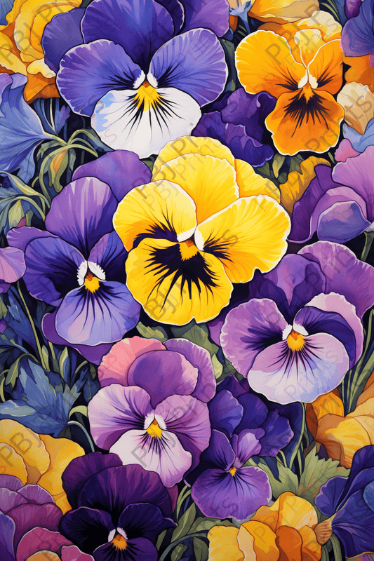 Parade of Pansies -  by INKWELL DESIGNERS® - Art Print, Decoupage Rice Paper, Decoupage Tissue Paper, Flat Canvas Prints, Floral, Flowers, Giclee Print, Photo Prints, Poster Print, Spring