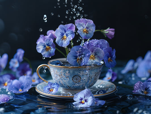 Purple Pansies and Teacup