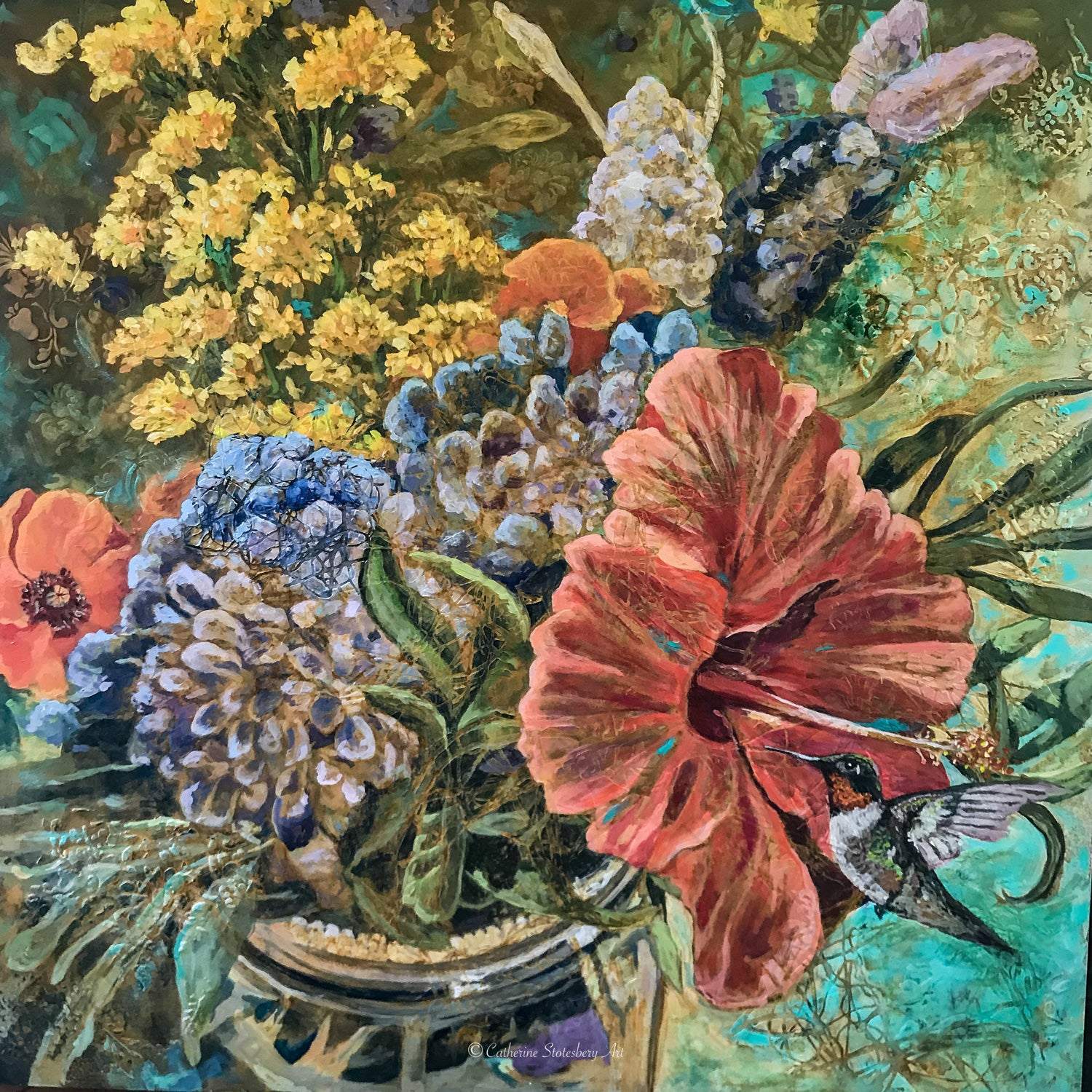 Hibiscus &amp; Hummer - Artist by CatherineStotesberyArt - Art Prints, Decoupage Rice Paper, Flat Canvas Prints, Giclee Prints, Greeting Cards, Photo Prints, Poster Prints, Scrapbook Paper