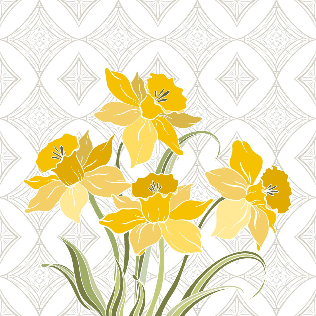 Art Deco Daffodils - Artist by Thistle and Grace - Art Prints, Decoupage Rice Paper, Flat Canvas Prints, Greeting Cards, Photo Prints, Poster Prints, Scrapbook Paper