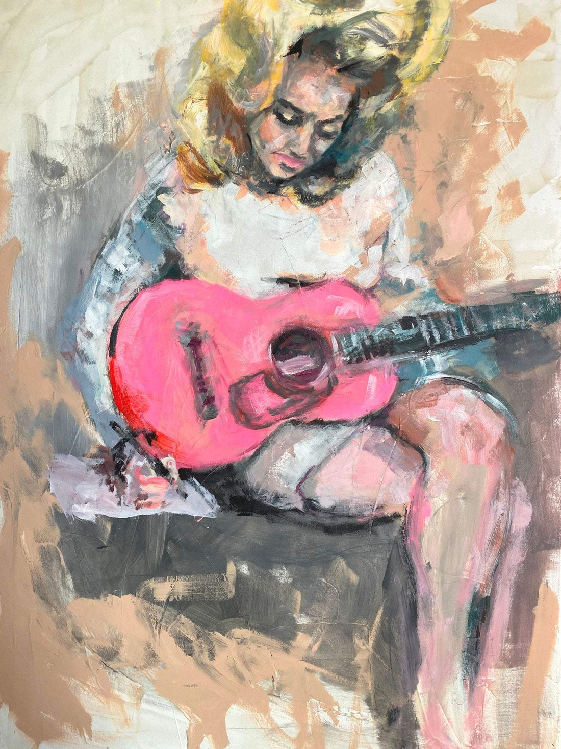 Dolly and Her Guitar - Artist by Anissa Marie - Art Print, Decoupage Rice Paper, Flat Canvas Print, Giclee Print, Greeting Card, Photo Paper, Poster Print