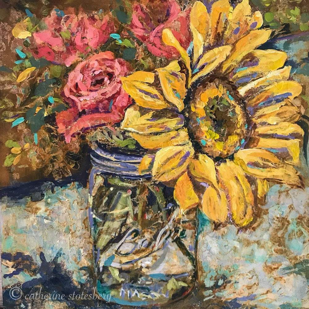 Rusty Sunflower In A Jar - Artist by CatherineStotesberyArt - Art Prints, Decoupage Rice Paper, Flat Canvas Prints, Giclee Prints, Greeting Cards, Scrapbook Paper